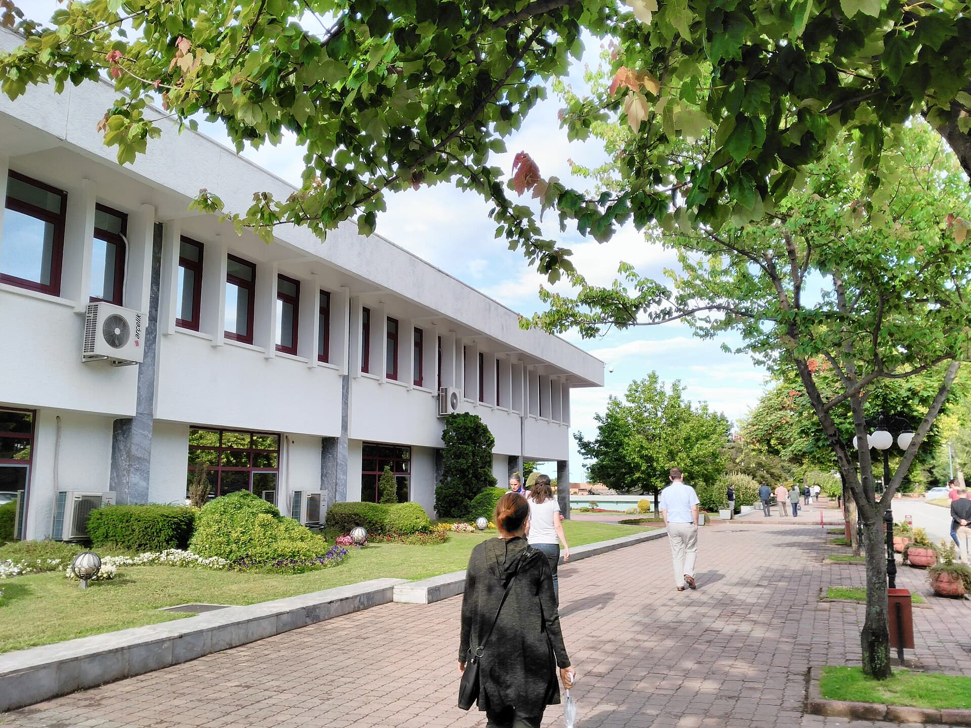 KTÜ kampüsünde ağaçlı bir yürüyüş yolu ve beyaz fakülte binası.